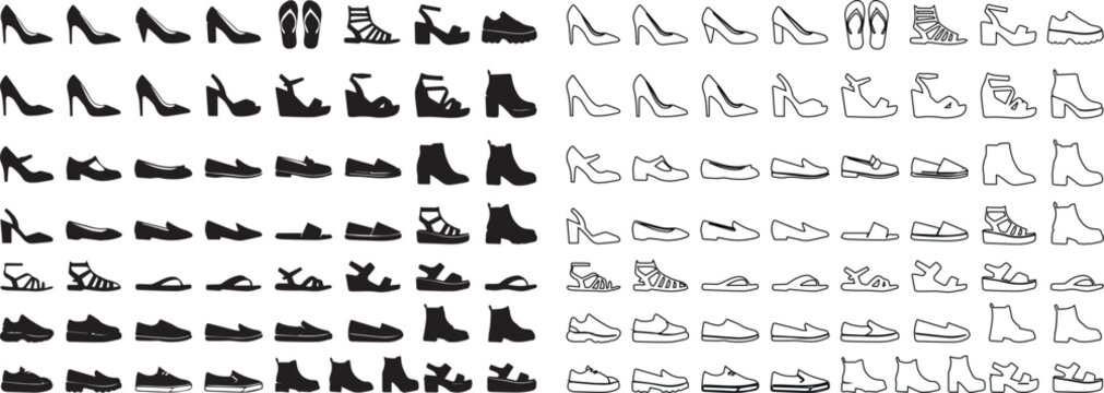 Minimalist footwear icon set, black silhouette and outline shoe symbols, collection of 112 vector fashion icons for retail and web design