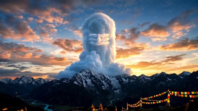 A massive cloud formation shaped like a shiva linga with a tripundra mark rises above snow-covered Himalayan mountain peaks during sunset with Buddhist prayer flags 
