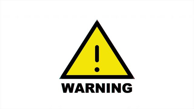 Yellow Warning Sign with Glitch Effect on White Background, Caution Symbol, Danger Alert Icon, Digital Error Signal, Motion Graphic Loop, Notification 4k video