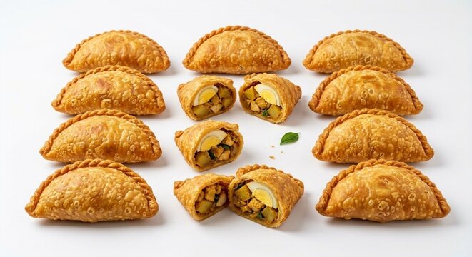 A neat arrangement of crispy golden curry puffs with cut halves showing egg and potato filling isolated on white background