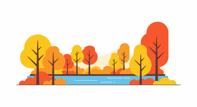 Flat stylized autumn trees with warm colors line a serene blue river