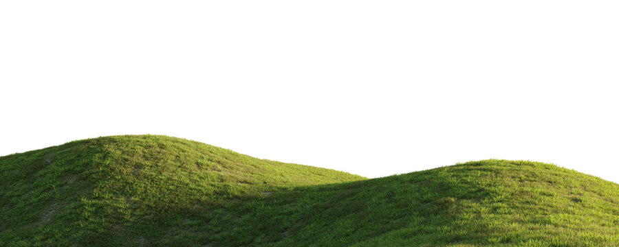 Rolling grassy terrain with smooth green hills isolated on transparent background for environment design asset. 3D rendering.