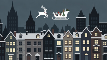 Festive Christmas scene with Santa?s sleigh and reindeer soaring over city rooftops at night © Corex