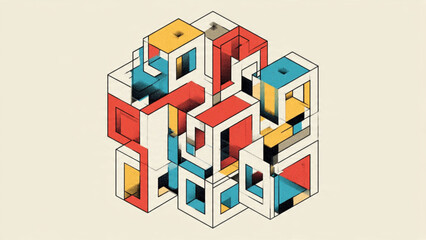 Fototapeta premium Colorful isometric geometric maze with interconnected cubes in vibrant shades for visual design