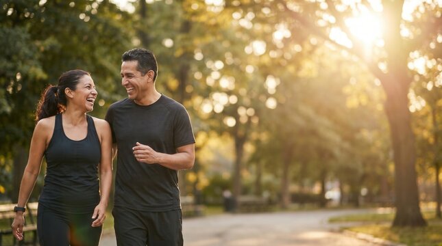 Happy and healthy 40s Hispanic couple sharing a genuine laugh during a morning jog in a sunny park, with beautiful golden hour copy space.
