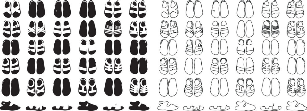 Minimalist sandal icons set, black and white summer footwear vector collection, flat flip flop and slipper silhouettes for fashion design