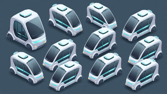 Futuristic autonomous shuttle vehicles in a modern transit system with sleek design and blue accents