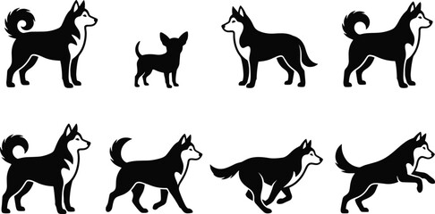Collection of Husky and Small Dog Silhouette Icons Featuring Standing Running and Walking Canine Vector Illustrations for Pet Design © Arifa