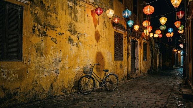 Classic Bicycle Parked Against Weathered Yellow Heritage Wall Illuminated By Traditional Silk Lanterns At Night