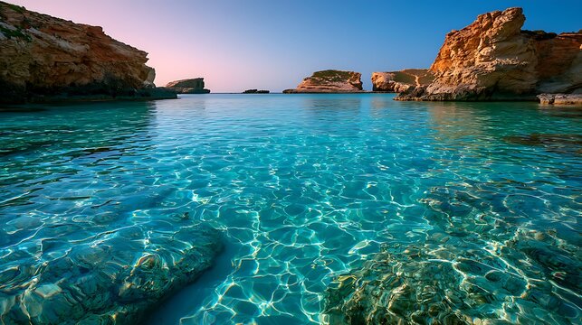 Turquoise water of the Blue Lagoon on Comino island in Malta