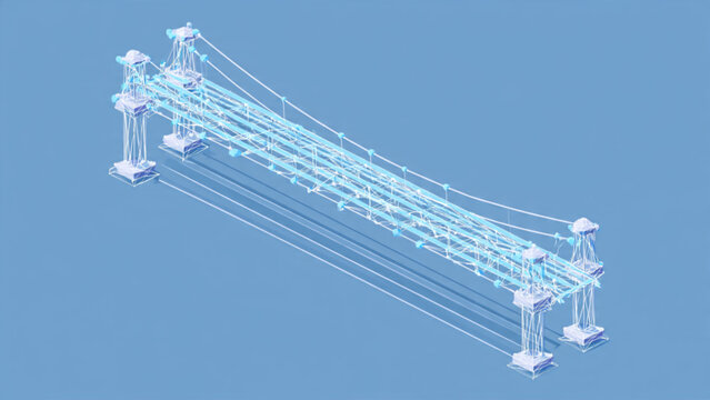 3D wireframe model of a suspension bridge in blue for engineering and construction visuals