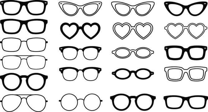 Glasses frame icon set with retro sunglasses aviator cat eye heart and nerd shapes for optical fashion design vector silhouette