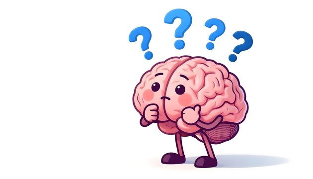 Cartoon brain character looking confused with question marks above its head