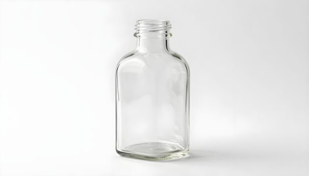 Clear glass bottle with a rectangular base and threaded neck on a white background
