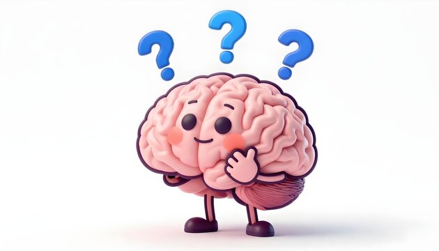 Cute cartoon brain character with question marks, symbolizing confusion and thinking