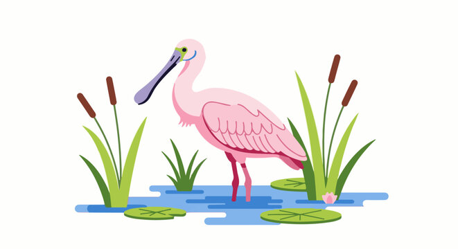 Flat illustration of a pink spoonbill wading in blue water with cattails and lily pads