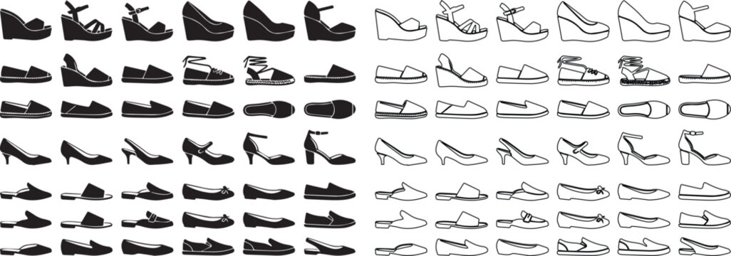 Women shoes icon set with 72 vector elements, black silhouette and line art footwear collection, summer sandals and fashion heels for retail design