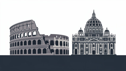 Fototapeta na wymiar Stylized Illustration of Ancient Rome and Baroque Architecture with Classic Monuments