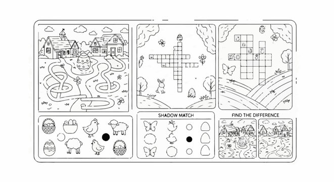 Easter-themed activity sheet with maze, crossword, shadow match, and spot the difference