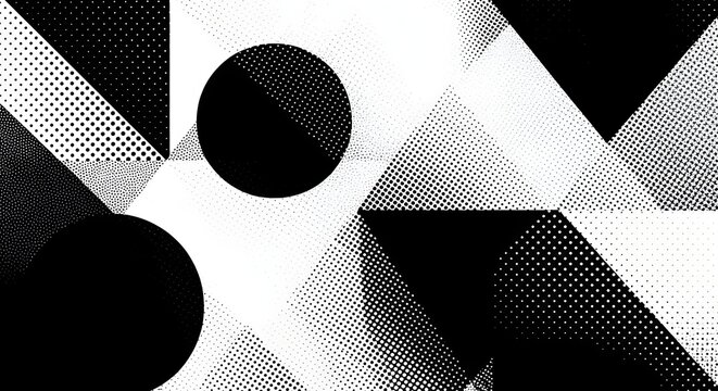Black and white geometric pattern with halftone dots and shapes. Retro graphic design and modern abstract art. Abstract composition displaying contrasting triangles and circular forms