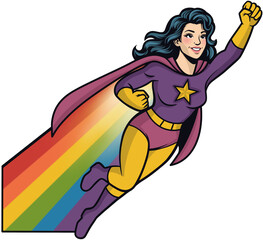 Retro comic style illustration of a female superhero flying high and leaving a rainbow trail © Anne97s