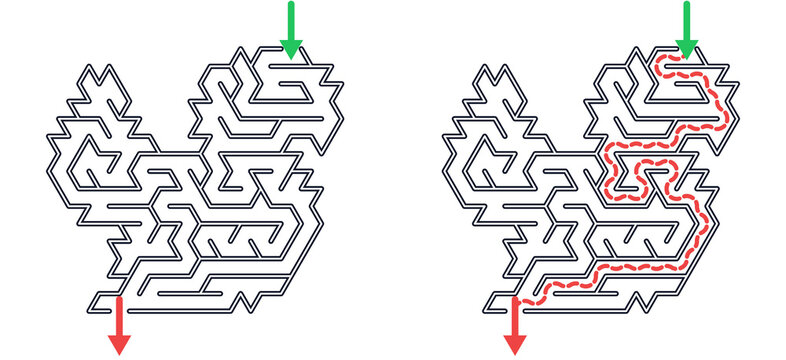 Squirrel silhouette maze puzzle game for kids with solution path printable educational worksheet