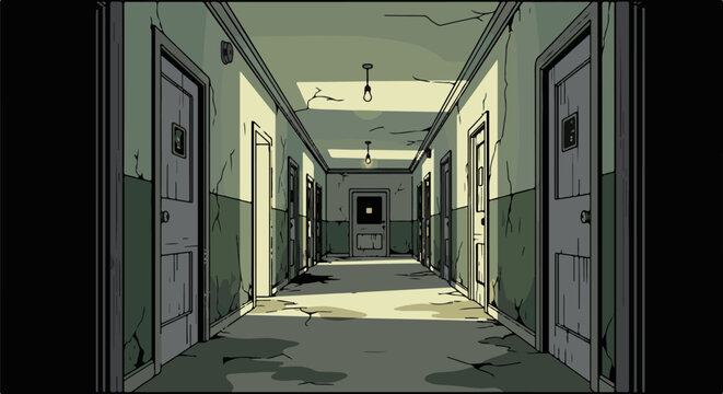 Eerie, cracked hallway with dilapidated doors and dim lighting