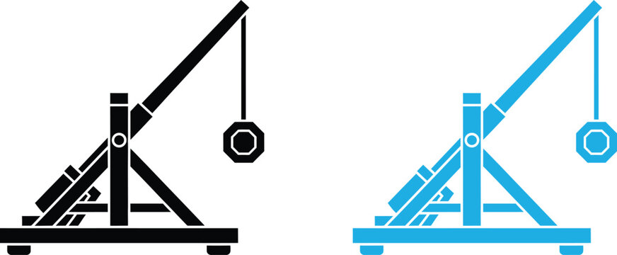 Minimalist black and blue trebuchet catapult icons silhouettes for gaming and medieval design