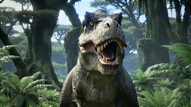 Tyrannosaurus Rex roams through a lush jungle in daylight showing excitement and power