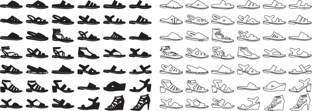 Minimalist women's sandals icon set, black silhouette and line art summer footwear collection, 84 vector fashion shoe symbols for retail and web design