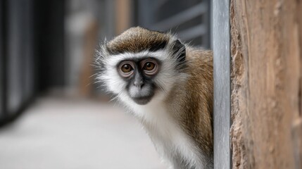 Obraz premium Curious Monkey Peeks Around Corner in Urban Environment