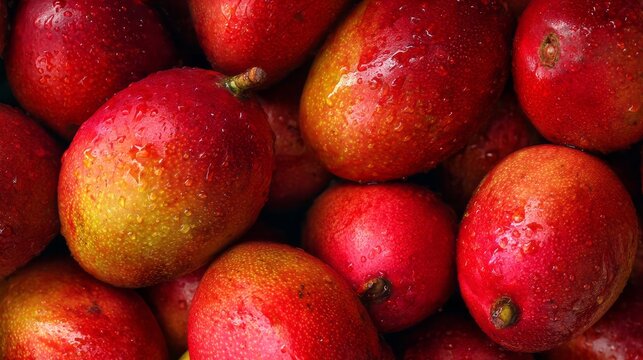 close up view of a large pile of fresh ripe red mango fruits with rich tropical colors, natural texture and juicy appearance, freshly harvested seasonal mangoes arranged together for market display, h