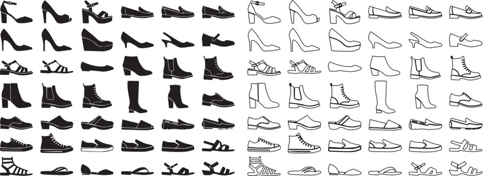 Minimalist footwear icon set, 84 women's shoe silhouettes and line art vectors, fashion footwear collection for retail and catalog design