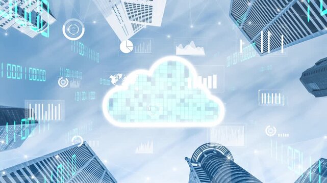 Aerial view of a vibrant urban skyline featuring cloud computing graphics and data visualizations, symbolizing the intersection of technology and modern business dynamics. Xenic