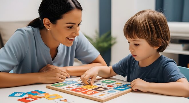 Occupational therapist guiding a child through a puzzle on a developmental day for disability support