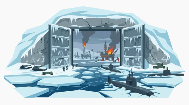 Arctic Industrial Scene: An imposing frozen gateway opens to reveal an arctic industrial landscape with offshore oil rigs aflame, submarines navigate icy waters, and smoke billows into the frigid air.