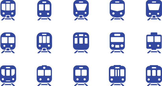 Dark blue subway train front view silhouettes grid, Public transit vehicle collection and railway station graphic element, Large set of vector web icon choices for metro locomotive travel, Modern prof