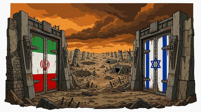 The Iron Gate: A symbolic depiction of conflict and division, where two monumental gates bearing national flags stand amidst a desolate, war-torn landscape under a fiery, ominous sky.