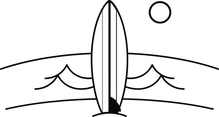 Minimalist black outline contour drawing of a classic surfboard standing upright on the beautiful beach with stylized ocean waves and a round sun for summer sports. © VectaNoor