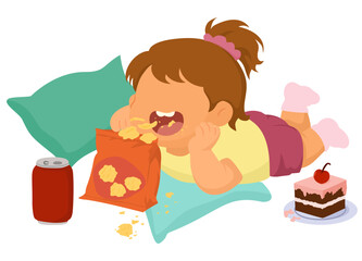 Flat illustration of a little chubby girl lying on pillow while eating crispy chip snacks and cake in relaxed playful atmosphere.