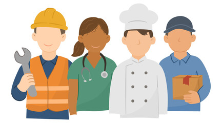 Fototapeta premium Labor Occupation Group, Flat illustration of diverse workers including engineer nurse chef and courier standing together in professional uniform.