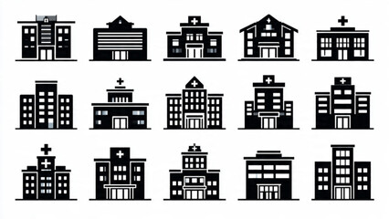 Obraz premium Collection of black and white hospital buildings with various architectural styles and layouts
