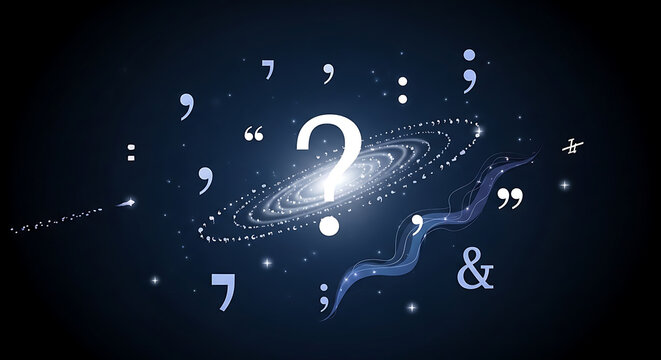Cosmic illustration featuring a question mark surrounded by planets, symbols, and typographic elements in space.