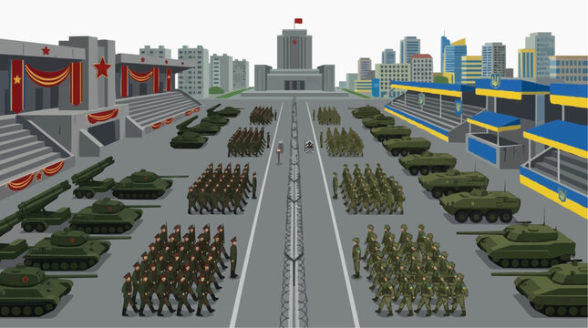 Military parade in the city: A grand military parade featuring tanks, artillery, and marching soldiers takes place on a wide city street, flanked by grandstands and modern buildings.