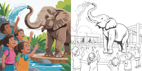 elephant in the desert, family of elephants, family of elephants in the zoo,  animals in the park, animals in the city, coloring, coloring book, children, fairy tale, clip art. © Pinki