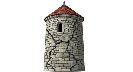 Old stone tower with red roof and cracked walls. © Pae