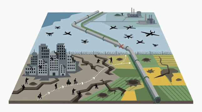 Geopolitical Conflict Over Energy Pipeline: An illustration depicting a contentious territorial dispute over a vital energy pipeline.