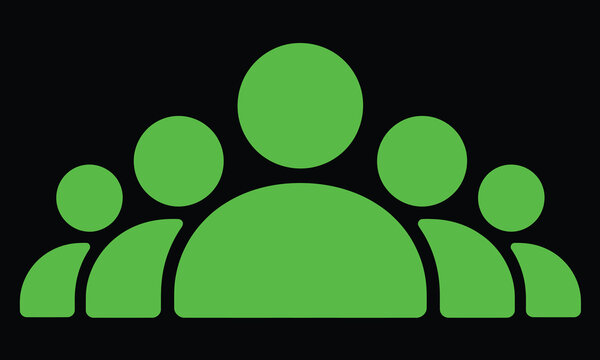 Bright green social community avatar icon showing five people group, Curved minimal line silhouettes layout for audience and crowd tracking, Creative communication collection and public networking ico