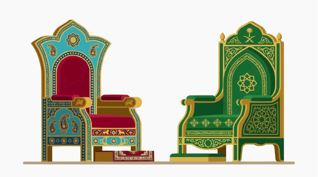 Royal Throne Chairs: Two ornate and intricately designed royal throne chairs, one in a rich red and turquoise palette, the other in emerald green, stand as symbols of power and heritage.