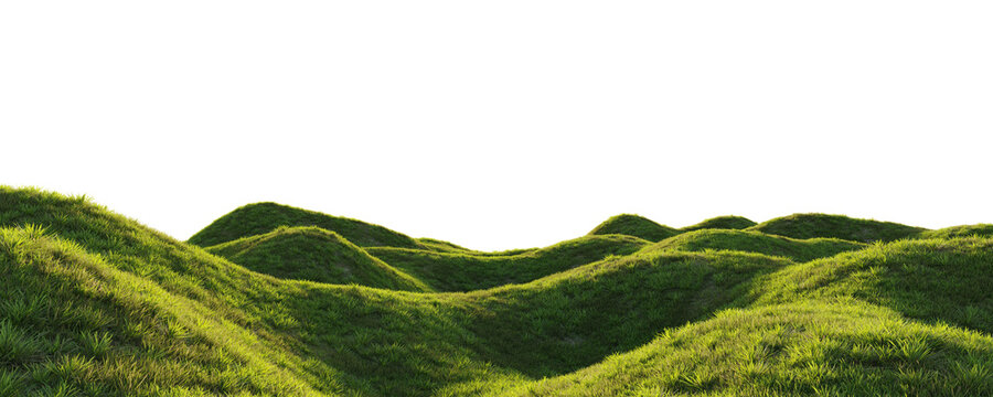 Rolling grassy terrain with lush green hills isolated on transparent background for environment design asset. 3D rendering.
